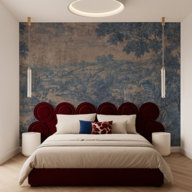 Tapet decorativ cu design peisagistic într-un dormitor elegant