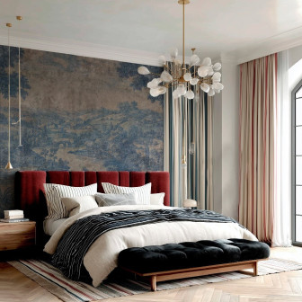 Tapet decorativ cu design peisagistic într-un dormitor elegant
