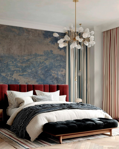 Tapet decorativ cu design peisagistic într-un dormitor elegant