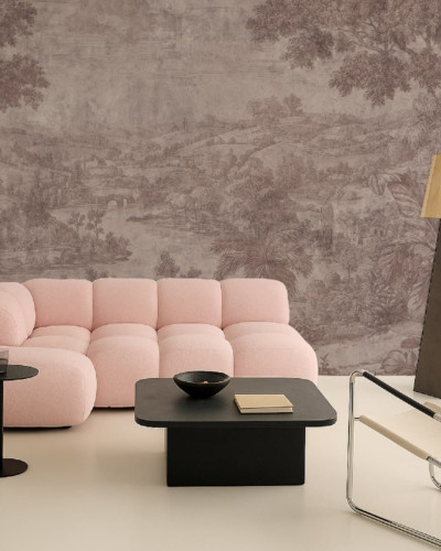 Tapet personalizat cu peisaj roz în decor interior