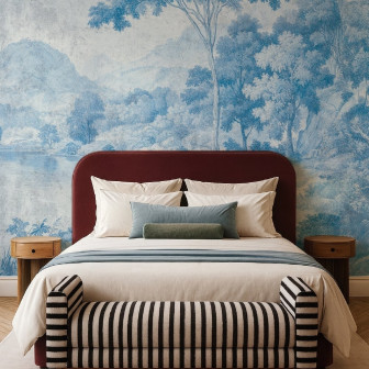 Fototapet cu lac și peisaj montan albastru în dormitor