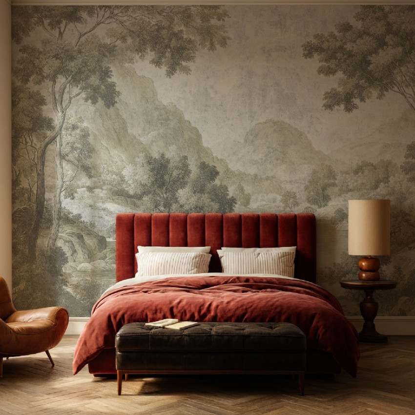 Fototapet personalizat cu peisaj lacustru roz, ideal pentru decor interior