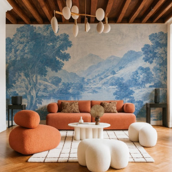 Tapet cu peisaj clasic albastru într-un living modern