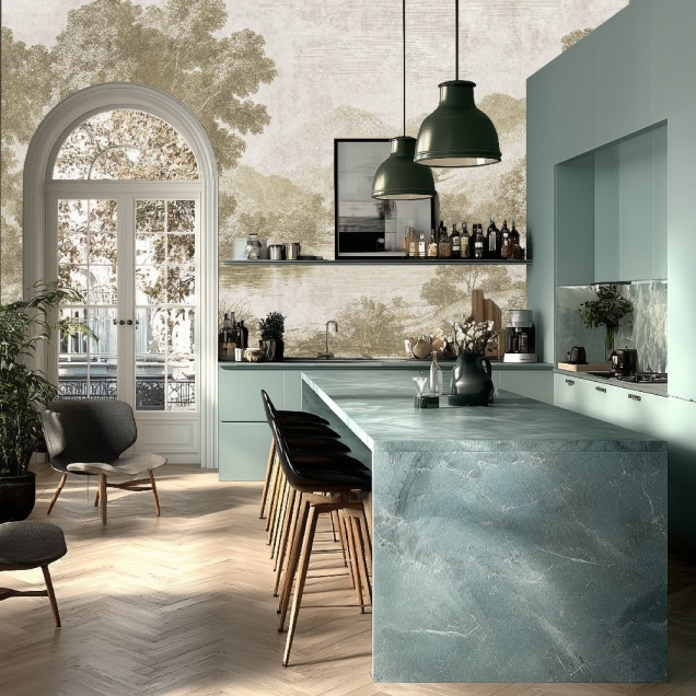 Fototapet crem cu design peisagistic în dormitor