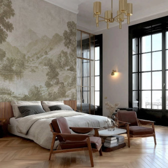 Fototapet crem cu design peisagistic în dormitor