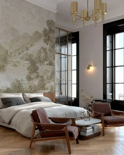 Fototapet crem cu design peisagistic în dormitor
