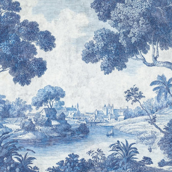 Fototapet cu peisaj clasic albastru într-o bucătărie modernă