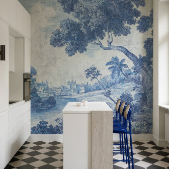 Fototapet cu peisaj clasic albastru într-o bucătărie modernă