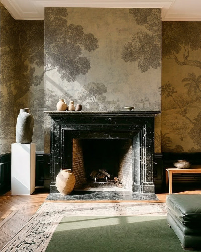 Tapet crem cu design artistic într-un living elegant