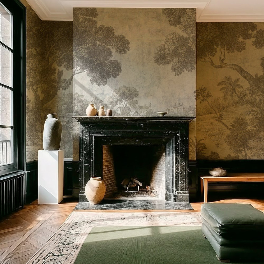 Tapet crem cu design artistic într-un living elegant
