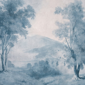 Tapet personalizat cu un peisaj pictural în tonuri de albastru cu copaci și munte