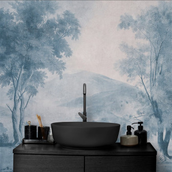 Tapet personalizat cu un peisaj pictural în tonuri de albastru cu copaci și munte