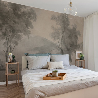 Fototapet cu peisaj, copac solitar, nuanțe crem, design interior dormitor