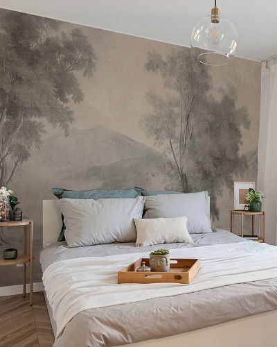 Fototapet cu peisaj, copac solitar, nuanțe crem, design interior dormitor