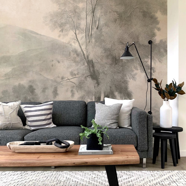 Fototapet cu peisaj, copac solitar, nuanțe crem, design interior dormitor