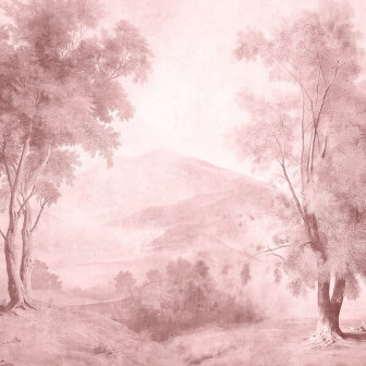 Fototapet personalizat cu copac solitar roz într-un dormitor modern