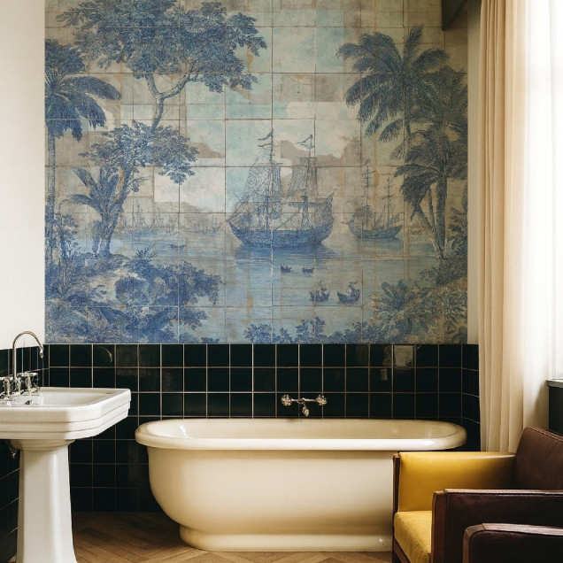 Fototapet personalizat cu design tropical într-o baie