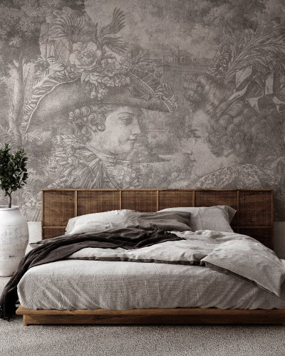 Tapet crem personalizat cu design elegant aplicat pe un perete in dormitor