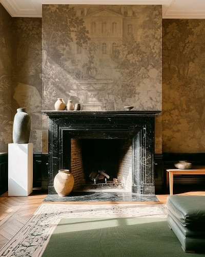 Tapet cu grădină secretă crem într-un living elegant