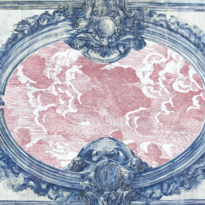 Fototapet personalizat cu design abstract în nuanțe de albastru și roz, aplicat pe tavan într-un interior cu influențe mediteraneene.