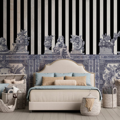 Tapet personalizat cu frize opulente într-un dormitor elegant