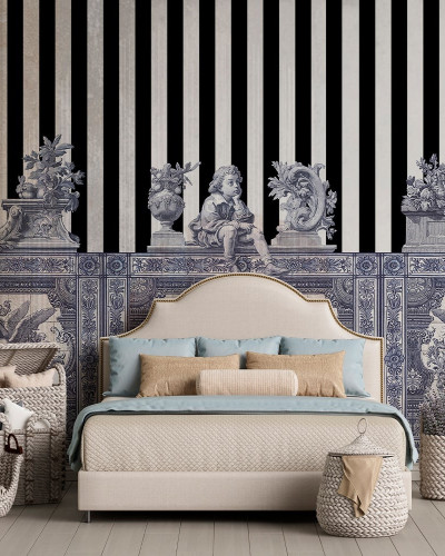 Tapet personalizat cu frize opulente într-un dormitor elegant