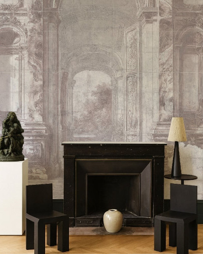 Fototapet personalizat cu design architectural in tonuri de roz pal, prezentat intr-un interior elegant.
