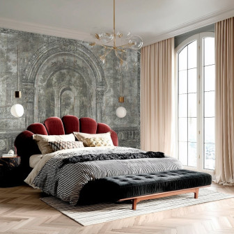 Fototapet crem cu motive arhitecturale clasice într-un dormitor elegant