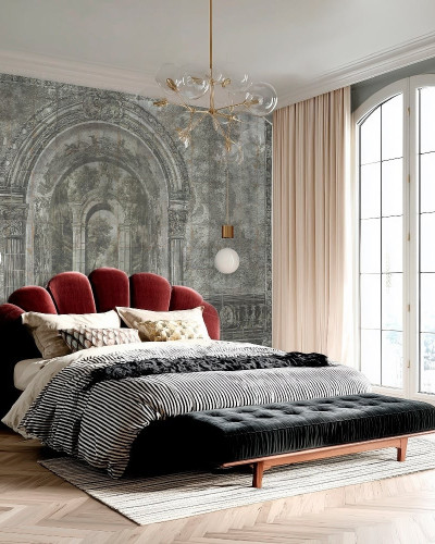 Fototapet crem cu motive arhitecturale clasice într-un dormitor elegant