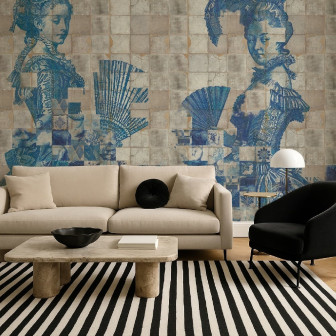 Fototapet personalizat cu efect de mozaic și ilustrații elegante albastre