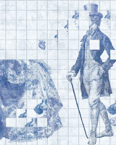 Tapet cu design artistic albastru într-o bucătărie modernă