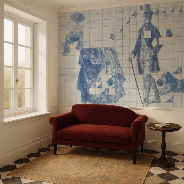 Tapet cu design artistic albastru într-o bucătărie modernă