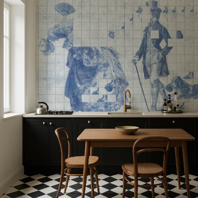 Tapet cu design artistic albastru într-o bucătărie modernă