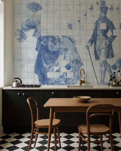 Tapet cu design artistic albastru într-o bucătărie modernă