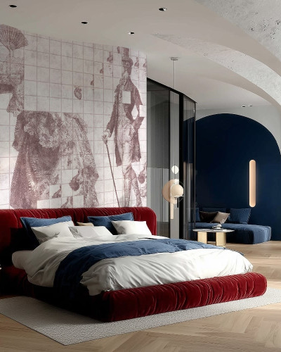 Fototapet personalizat cu design elegant într-un dormitor modern