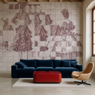 Fototapet personalizat cu design artistic în nuanțe de roz, reprezentând figuri feminine fragmentate