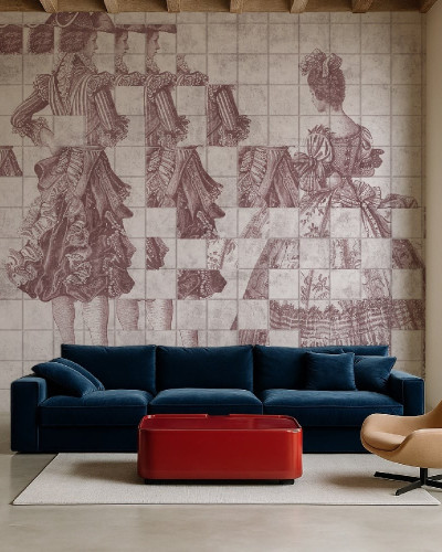 Fototapet personalizat cu design artistic în nuanțe de roz, reprezentând figuri feminine fragmentate