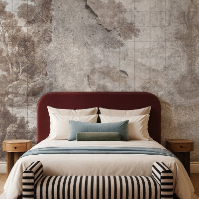Tapet personalizat cu design artistic într-un dormitor modern