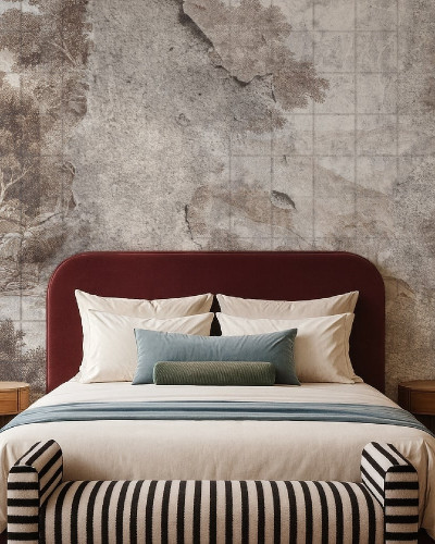 Tapet personalizat cu design artistic într-un dormitor modern