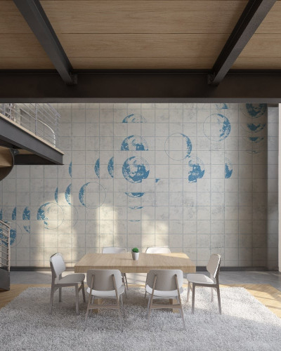 Fototapet personalizat cu design fazele lunii într-o cameră modernă