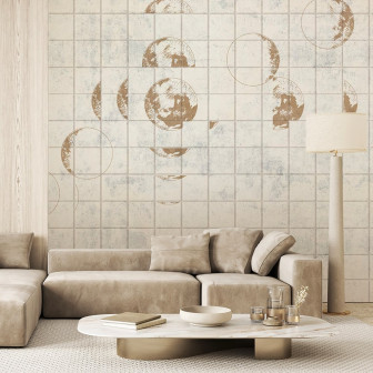 Fototapet crem cu design lunar într-un living modern
