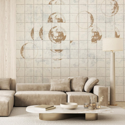 Fototapet crem cu design lunar într-un living modern