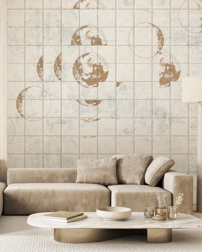 Fototapet crem cu design lunar într-un living modern