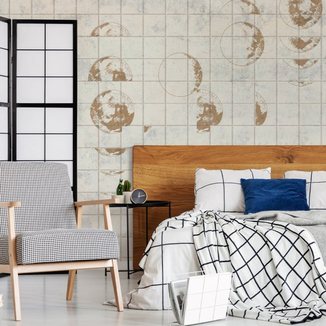 Fototapet crem cu design lunar într-un living modern
