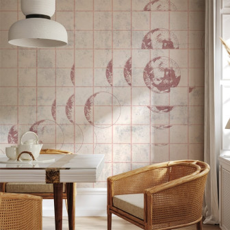 Tapet cu fazele lunii, nuanță roz, ambient interior
