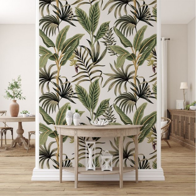Tapet cu frunze tropicale verzi pe fond alb