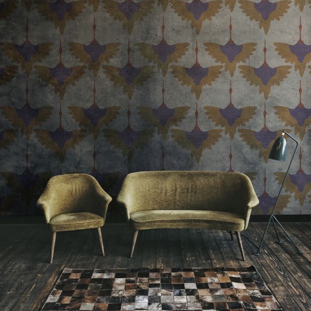 Tapet modern cu design Grunge Birds, cu păsări lila pe un fundal gri