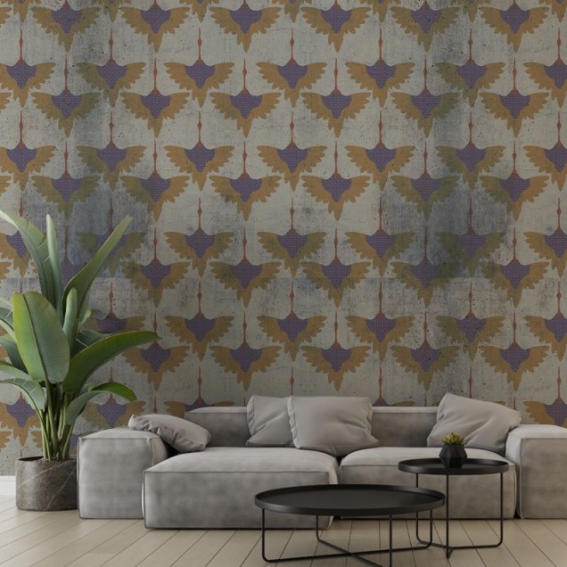 Tapet modern cu design Grunge Birds, cu păsări lila pe un fundal gri