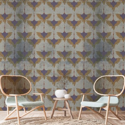 Tapet modern cu design Grunge Birds, cu păsări lila pe un fundal gri