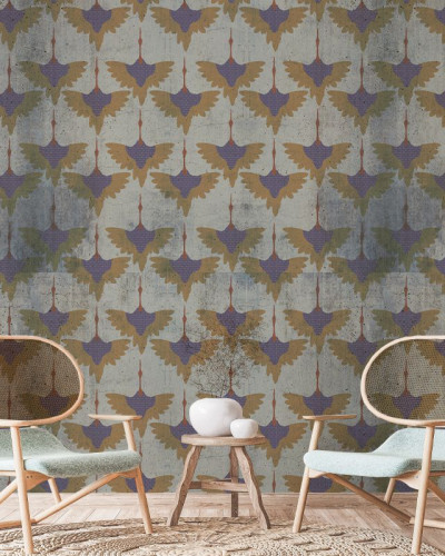 Tapet modern cu design Grunge Birds, cu păsări lila pe un fundal gri
